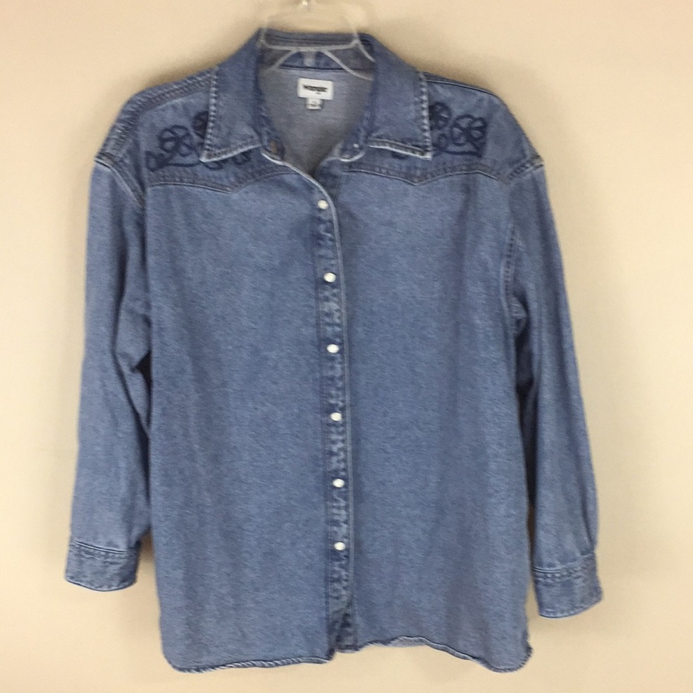 Wrangler Embroidered Denim Cowboy Pearl Snap Shirt Size Small